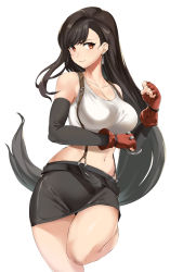 Rule 34 | 1girl, absurdres, bare shoulders, black skirt, breasts, brown eyes, cleavage, closed mouth, collarbone, commentary request, earrings, elbow sleeve, final fantasy, final fantasy vii, fingerless gloves, gloves, highres, hotate-chan, jewelry, large breasts, long hair, low-tied long hair, midriff, miniskirt, navel, pencil skirt, red gloves, shirt, skirt, smile, suspender skirt, suspenders, tank top, taut clothes, taut shirt, thighs, tifa lockhart