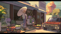 Rule 34 | 1girl, animal, blonde hair, blue eyes, bow, brown footwear, car, cat, closed mouth, commentary request, day, hair bow, hakama, high heels, highres, holding, holding umbrella, japanese clothes, kimono, letterboxed, lipstick, long sleeves, looking at viewer, makeup, mole, mole under eye, motor vehicle, oil-paper umbrella, original, outdoors, plant, potted plant, purple hakama, red bow, redooo, short hair, solo, standing, storefront, sunlight, umbrella, utility pole, white cat, white kimono, wide sleeves