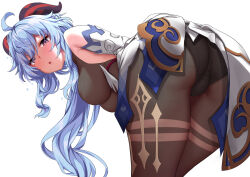 Rule 34 | 1girl, ahoge, ass, bare shoulders, bent over, blue hair, blush, bodysuit, breasts, cameltoe, detached sleeves, from behind, ganyu (genshin impact), genshin impact, gloves, goat horns, highres, horns, jack dempa, large breasts, leaning, leaning forward, leotard, long hair, looking at viewer, open mouth, pantyhose, red eyes, solo, very long hair, waist cape