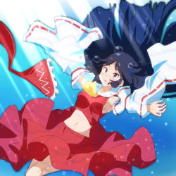 Rule 34 | 1girl, afloat, alternate hair length, alternate hairstyle, armpits, arms up, ascot, black hair, breasts, bubble, cato (monocatienus), clothes lift, detached sleeves, expressionless, floating, hair ribbon, hakurei reimu, unworn headwear, light rays, long hair, looking up, medium breasts, midriff, navel, open hand, open mouth, outstretched arms, red eyes, red shirt, red skirt, ribbon, ribbon-trimmed sleeves, ribbon trim, shirt, sideboob, skirt, skirt lift, solo, stomach, sunlight, thighs, touhou, tsurime, underwater, very long hair, wide sleeves