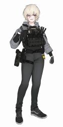 Rule 34 | 1girl, alma01, ammunition pouch, bulletproof vest, clenched hand, gloves, gun, handgun, highres, holster, hood, hood down, hoodie, magazine (weapon), original, pink eyes, pouch, shoes, short hair, sleeves rolled up, smile, sneakers, solo, walkie-talkie, weapon, white background, white hair