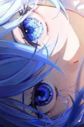 Rule 34 | 1girl, 58 (opal 00 58), absurdres, blue eyes, character request, check character, close-up, commentary, crossed bangs, english commentary, eye focus, eyelashes, hair between eyes, highres, looking at viewer, mismatched irises, original, shadow, sideways, solo