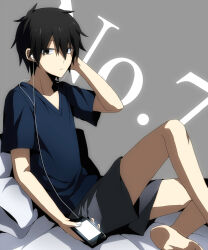 Rule 34 | 1boy, bare legs, bed sheet, black eyes, black hair, blue shirt, character name, closed mouth, commentary, digital media player, earphones, feet out of frame, fingernails, grey background, grey shorts, hair between eyes, hand on own head, holding digital media player, kagerou project, kisaragi shintarou, long bangs, looking away, looking to the side, male focus, mekakucity actors, on pillow, screen light, setoo0115, shirt, short hair, short sleeves, shorts, simple background, sitting, solo