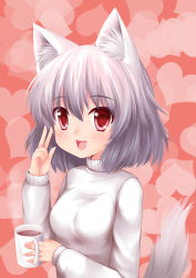 Rule 34 | 1girl, absurdres, alternate costume, animal ears, blush, breasts, casual, coffee, cup, female focus, hat, heart, highres, inubashiri momiji, mug, no headwear, no headwear, open mouth, red eyes, short hair, silver hair, smile, solo, sweater, tail, tokin hat, touhou, upper body, wolf ears, wolf tail, wolflong
