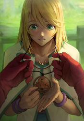 Rule 34 | 1boy, blonde hair, blurry, blurry background, bracelet, capelet, collarbone, gloves, hair between eyes, highres, jewelry, kazuko (towa), long hair, looking down, male focus, mithos yggdrasill, pendant, pov, red gloves, shirt, solo focus, straight hair, tales of (series), tales of symphonia, white capelet, white shirt