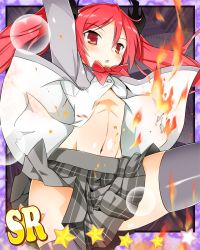 Rule 34 | 1girl, :o, arm up, burnt clothes, cthugha (nyaruko-san), fire, fire, grey thighhighs, hair ribbon, haiyore! nyaruko-san, long hair, navel, open clothes, open mouth, open shirt, plaid, plaid skirt, red eyes, red hair, ribbon, school uniform, shirt, skindentation, skirt, solo, star (symbol), thighhighs, twintails, yuto (dialique)
