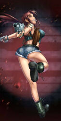 Rule 34 | 1girl, ass, belt, black lagoon, black lagoon: heaven&#039;s shot, boots, breasts, cigarette, denim, denim shorts, dual wielding, from behind, gun, handgun, highres, holding, holding weapon, holster, long hair, long sleeves, looking at viewer, looking back, medium breasts, micro shorts, midriff, official art, pistol, ponytail, revy (black lagoon), shorts, sleeveless, tank top, weapon