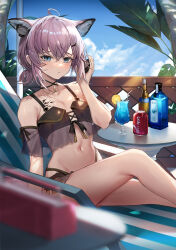 Rule 34 | 1girl, absurdres, ahoge, animal ears, arknights, bare legs, bare shoulders, beach chair, bikini, black bikini, black choker, blue eyes, blue hawaii, blurry, blurry foreground, can, choker, cup, day, depth of field, drink can, drinking glass, earpiece, extra ears, fox ears, frown, hand up, highres, holding, hurricane glass, looking at viewer, material growth, molyb, navel, official alternate costume, oripathy lesion (arknights), outdoors, pink hair, short hair, sitting, soda can, solo, stomach, sussurro (arknights), sussurro (summer flower) (arknights), swimsuit, tropical drink