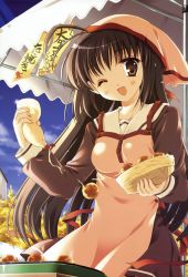 Rule 34 | 1girl, ;d, absurdres, apron, brown eyes, brown hair, fang, food, head scarf, highres, mayonnaise, odawara hakone, one eye closed, open mouth, school uniform, smile, solo, squeeze bottle, takoyaki, tent, wink