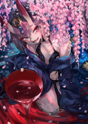 Rule 34 | 1girl, :d, alcohol, bare shoulders, breasts, cherry blossoms, collarbone, commentary request, cup, fangs, fate/grand order, fate (series), from above, hair between eyes, hair ornament, highres, horns, japanese clothes, kimono, looking at viewer, looking up, off shoulder, oni, open mouth, petals, purple eyes, purple hair, ran (bukeranwu), revision, sakazuki, sake, short hair, shuten douji (fate), skin-covered horns, small breasts, smile, solo