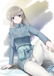 Rule 34 | 1girl, absurdres, blue eyes, breasts, closed mouth, eila ilmatar juutilainen, highres, large breasts, long hair, memory (prophet5), military uniform, panties, panties under pantyhose, pantyhose, simple background, solo, strike witches, underwear, uniform, white hair, white pantyhose, world witches series