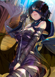 Rule 34 | 1girl, bandages, bandages over eyes, bare shoulders, black hair, breasts, commentary request, demon&#039;s souls, highres, lips, looking at viewer, maiden in black, medium breasts, mikazuki akira!, naked bandage, open mouth, revision, scarf, short hair, smile, solo, staff, standing