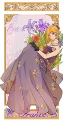 1girl absurdres axis_powers_hetalia black_gloves blonde_hair character_name dress earrings english_text floral_background flower france_(hetalia) full_body genderswap genderswap_(mtf) gloves hair_bun hair_ornament highres jewelry long_dress looking_at_viewer necklace parted_lips purple_dress purple_eyes single_hair_bun solo strapless strapless_dress updo youlizuihua919