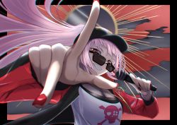 Rule 34 | 1girl, absurdres, aqui2002, baseball cap, black headwear, breasts, cleavage, commentary, crop top, cropped torso, hat, highres, holding, holding microphone, hololive, hololive english, jacket, large breasts, long hair, looking at viewer, microphone, mori calliope, nail polish, open clothes, open jacket, pink hair, pointing, red eyes, red jacket, red nails, shirt, skeleton print, sunglasses, undershirt, virtual youtuber, white shirt