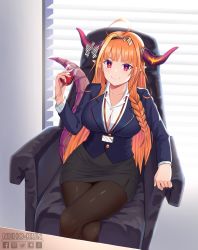 Rule 34 | 1girl, ahoge, alcohol, armchair, artist name, black pantyhose, black skirt, blazer, window blinds, blonde hair, blue jacket, blunt bangs, bow, braid, breasts, brown hairband, button gap, chair, collarbone, collared shirt, crossed legs, cup, desk, deviantart logo, dragon girl, dragon horns, dragon tail, dress shirt, drinking glass, facebook logo, fangs, feet out of frame, formal, hair ornament, hairband, highres, holding, holding cup, hololive, horn bow, horn ornament, horns, id card, indoors, jacket, kiryu coco, lanyard, large breasts, long hair, long sleeves, looking at viewer, miniskirt, multicolored hair, neho-kun, office lady, orange hair, pantyhose, patreon logo, pencil skirt, pointy ears, red eyes, shirt, sitting, skirt, skirt suit, smile, solo, suit, table, tail, twitter logo, v-shaped eyebrows, very long hair, virtual youtuber, watermark, white shirt, window, wine, wine glass