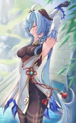Rule 34 | 1girl, absurdres, ahoge, armpits, arms up, bell, blue hair, bodystocking, breasts, cowbell, cowboy shot, detached sleeves, dress, closed eyes, from side, ganyu (genshin impact), genshin impact, gloves, hair between eyes, highres, horns, huziko32, impossible clothes, long hair, medium breasts, narrow waist, nose, open mouth, outdoors, pantyhose, solo, stretching, tassel