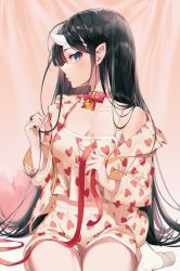 Rule 34 | 1girl, bare shoulders, bell, black hair, blue eyes, blush, bow, closed mouth, collar, collarbone, commentary, hand up, hands up, heart, heart-shaped pillow, heart print, highres, holding, holding ribbon, horns, jingle bell, kinty, long hair, long sleeves, looking at viewer, neck bell, off shoulder, oni horns, original, pajamas, pillow, pink collar, pointy ears, red bow, red ribbon, ribbon, shorts, sitting, solo, very long hair