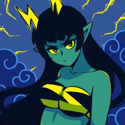 Rule 34 | 1girl, :&lt;, akairiot, bare arms, black bra, black hair, bra, collarbone, colored sclera, colored skin, dynja (akairiot), green eyes, green skin, horns, long hair, looking at viewer, multicolored bra, multicolored clothes, original, pointy ears, serious, solo, strapless, strapless bra, underwear, yellow bra, yellow sclera