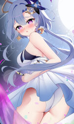 Rule 34 | 1girl, :o, absurdres, ass, bare shoulders, blue hair, blush, breasts, dress, earrings, griseo, griseo (cosmic expression), hair ornament, highres, holding, holding brush, holding paintbrush, honkai (series), honkai impact 3rd, jewelry, knosdeba, long hair, looking at viewer, medium breasts, moon (ornament), open mouth, paintbrush, panties, purple eyes, solo, star ornament, thighs, twintails, underwear, white dress, white panties