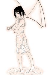 Rule 34 | 1girl, ass, back, bare shoulders, barefoot, black hair, blush, brown eyes, feet, gusu, looking back, monochrome, original, pink theme, see-through, sepia, short hair, solo, spot color, umbrella, wet, wet clothes