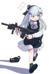 Rule 34 | 1girl, aged down, assault rifle, blue hair, bow, bowtie, cat, checkered clothes, checkered neckwear, commentary request, full body, girls&#039; frontline, green eyes, gun, h&amp;k hk416, hair ornament, hat, highres, hk416 (black kitty&#039;s gift) (girls&#039; frontline), hk416 (girls&#039; frontline), long hair, long sleeves, looking away, ma40414, mini hat, official alternate costume, open mouth, rifle, running, simple background, weapon, white background