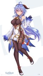 Rule 34 | ahoge, bare shoulders, bell, black gloves, black legwear, blue hair, blush, bow, bowtie, breasts, character name, chinese knot, curled horns, detached sleeves, flower knot, full body, ganyu (genshin impact), genshin impact, gloves, gold trim, high heels, highres, horns, long hair, looking at viewer, low ponytail, medium breasts, multicolored eyes, neck bell, sidelocks, smile, solo, tassel, thighlet, thighs, tsukichan (maynyan23), very long hair, vision (genshin impact), white sleeves, wide sleeves