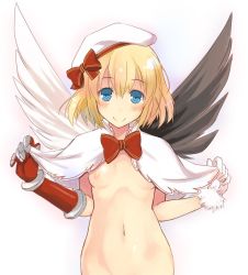 Rule 34 | 1girl, asymmetrical wings, bad id, bad twitter id, beret, black wings, blonde hair, blue eyes, blush, bottomless, bow, breasts, capelet, commentary request, fur-trimmed gloves, fur trim, gauntlets, gloves, hat, hat bow, looking at viewer, marl (shironeko project), maru (shironeko project), naked capelet, navel, nipples, out-of-frame censoring, shironeko project, short hair, small breasts, smile, solo, theta (ponkotsu works), white gloves, white wings, wings