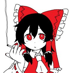 Rule 34 | 1girl, bare shoulders, bbyong403, between fingers, black hair, bow, bowtie, bright pupils, cigarette, collared shirt, commentary, commentary request, frilled bow, frilled hair tubes, frills, hair bow, hair tubes, hakurei reimu, holding, holding cigarette, jaggy lines, japanese clothes, kimono, long hair, looking at viewer, miko, nail polish, nontraditional miko, parted lips, red bow, red eyes, red kimono, red nails, shirt, short kimono, simple background, smoke, smoking, symbol-only commentary, touhou, upper body, white background, white bow, white bowtie, white pupils, white sleeves