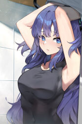 Rule 34 | 1girl, absurdres, armpits, arms up, black shirt, blue archive, blue eyes, blurry, collarbone, commentary request, depth of field, halo, highres, indoors, long hair, looking at viewer, parted bangs, purple hair, sakanafish, shirt, sidelocks, sleeveless, solo, tile wall, tiles, two side up, undressing, yuuka (blue archive)