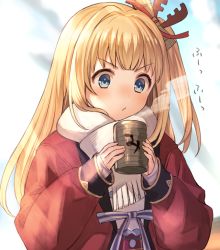 Rule 34 | 1girl, blonde hair, blowing, blue eyes, coat, cup, granblue fantasy, kingyo 114, long hair, mirin (granblue fantasy), scarf, sleeves past wrists, solo, winter clothes, winter coat, yunomi
