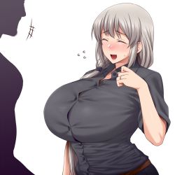 Rule 34 | 1boy, 1girl, :d, belt, black shirt, blush, breasts, brown belt, collared shirt, commentary request, dress shirt, facial hair, glint, highres, huge breasts, jewelry, low tied hair, married, mature female, namidame, open mouth, pants, ring, shirt, short sleeves, silhouette, silver hair, smile, sweatdrop, transparent background, uzaki-chan wa asobitai!, uzaki tsuki, wedding band