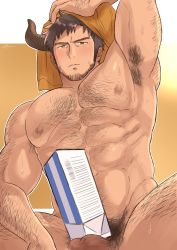 Rule 34 | 1boy, abs, arm hair, armpit hair, bara, beard, blush, chest hair, chinese zodiac, completely nude, cow boy, cow horns, facial hair, feet out of frame, from below, hairy, hand on own head, highres, horns, large pectorals, leg hair, looking at viewer, male focus, mature male, milk carton, muscular, muscular male, navel, navel hair, niichi (niichi21), nipples, nude, original, pectorals, short hair, sideburns, solo, spread legs, stomach, sweatdrop, thick thighs, thighs, towel, year of the ox