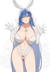 Rule 34 | 1girl, :d, animal ears, azur lane, bad id, bad pixiv id, bare shoulders, blue eyes, blue hair, blush, breasts, bridal veil, cleavage, elbow gloves, gloves, gluteal fold, gongba laoge, highres, large breasts, leotard, long hair, looking at viewer, navel, new jersey (azur lane), new jersey (snow-white ceremony) (azur lane), open mouth, playboy bunny, rabbit ears, simple background, smile, solo, veil, very long hair, white background, white gloves