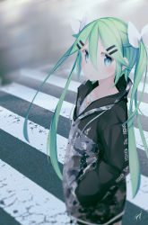 Rule 34 | 1girl, :o, absurdres, alternate costume, alternate hairstyle, blue eyes, blurry, blush, camouflage, camouflage jacket, clothes writing, crosswalk, green hair, hair between eyes, hair ornament, hair ribbon, hairclip, hand in pocket, highres, iyama nami, jacket, jewelry, kantai collection, long hair, long sleeves, necklace, open mouth, ribbon, signature, solo, twintails, yamakaze (kancolle)