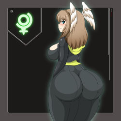 Rule 34 | 1girl, aizalter, ass, blue eyes, blush, bodysuit, breasts, brown hair, come hither, eunie (xenoblade), from behind, head wings, highres, huge ass, jacket, large breasts, long hair, looking at viewer, looking back, naughty face, pants, parted lips, sideboob, skin tight, smile, solo, thick thighs, thighs, wings, xenoblade chronicles (series), xenoblade chronicles 3