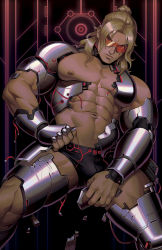 Rule 34 | 1boy, abs, absolum art, alternate skin color, alternate universe, armor, bara, bare pectorals, black male underwear, blonde hair, briefs, bulge, crotchless, crotchless pants, dark-skinned male, dark skin, feet out of frame, highres, ken masters, large pectorals, lips, looking at viewer, male focus, male underwear, mature male, medium hair, muscular, muscular male, navel, nipples, orange-framed eyewear, pants, pectorals, revealing clothes, science fiction, single bare shoulder, solo, stomach, street fighter, sunglasses, thighs, underwear