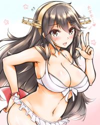 Rule 34 | 10s, 1girl, bikini, blush, breasts, brown eyes, brown hair, cleavage, geckolion, hair ornament, hairband, hairclip, haruna (kancolle), headgear, kantai collection, large breasts, lifebuoy, long hair, long sleeves, looking at viewer, navel, open mouth, solo, swim ring, swimsuit, v, white bikini