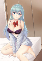 Rule 34 | 10s, 1girl, aqua eyes, bed sheet, bow, bowtie, bra, breasts, cleavage, collarbone, highres, kantai collection, large breasts, light smile, long hair, looking at viewer, md5 mismatch, off shoulder, resized, resolution mismatch, sheet grab, shirt, sitting, solo, source larger, suzuya (kancolle), underwear, urigarasu