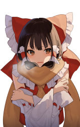 Rule 34 | 1girl, absurdres, blush, bow, breath, brown eyes, brown hair, cold, detached sleeves, eyebrows hidden by hair, hair bow, hair tubes, hakurei reimu, highres, kozomezuki, long hair, long sleeves, looking away, looking to the side, parted lips, scarf, simple background, solo, touhou, upper body, white background, wide sleeves