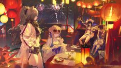 1boy 3girls aerial_fireworks alcohol animal_ears arknights bikini black_shorts blue_bikini blue_camisole blurry blurry_foreground breasts camisole cat_ears cat_girl cat_tail ceylon_(arknights) ceylon_(holiday)_(arknights) coat crop_top cup dim_sum double_bun eyewear_on_head fireworks food gavial_(arknights) gavial_the_invincible_(arknights) gavial_the_invincible_(holiday)_(arknights) grey_hair grey_shorts hair_bun hand_on_own_hip hat highres holding holding_cup jacket jewelry lantern lantern_festival large_breasts leaning_back long_hair minimalist_(arknights) minimalist_(holiday)_(arknights) modare multiple_girls necklace night night_sky official_alternate_costume open_clothes open_coat open_fly open_jacket open_mouth outdoors pink_hair plate pointy_ears ponytail railing scarf schwarz_(arknights) short_shorts shorts sitting sky sky_lantern slippers standing stomach sunglasses swimsuit table tail tank_top teapot thigh_strap white_coat