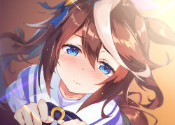 Rule 34 | 1girl, animal ears, blouse, blue eyes, blue shirt, blush, bow, brown hair, commentary, from above, hair between eyes, highres, horse ears, horse girl, horse tail, long hair, looking at viewer, looking up, moeki yuuta, multicolored hair, nose blush, puffy short sleeves, puffy sleeves, purple bow, purple shirt, school uniform, shirt, short sleeves, solo, streaked hair, tail, tokai teio (umamusume), tracen school uniform, umamusume, upper body, white hair