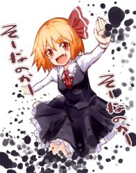 Rule 34 | 1girl, ;d, bad id, bad pixiv id, blonde hair, blush stickers, brown eyes, dress, embodiment of scarlet devil, fang, female focus, hal360, is that so, necktie, one eye closed, open mouth, outstretched arms, rumia, smile, solo, touhou, translation request, wink