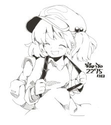 Rule 34 | 1girl, backpack, bag, blush, cactas7, closed eyes, collared shirt, flat cap, greyscale, hair bobbles, hair ornament, hat, highres, kawashiro nitori, long sleeves, medium hair, monochrome, open mouth, shirt, simple background, smile, solo, touhou, two side up, upper body, white background