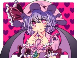 Rule 34 | bat wings, border, bow, brooch, collar, collared dress, dress, frilled collar, frills, frown, gem, hat, hat bow, jewelry, looking at viewer, mob cap, outside border, pink dress, pink hair, pink hat, red bow, red eyes, remilia scarlet, short hair, steepled fingers, touhou, tsugomori (remilia0398), white border, wings, wrist cuffs