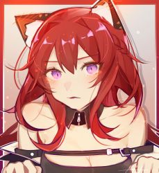 Rule 34 | 1girl, absurdres, animal ear fluff, animal ears, arknights, bare shoulders, black dress, blush, cat ears, commentary, dress, female focus, hair between eyes, highres, kemonomimi mode, long hair, looking at viewer, purple eyes, red hair, solo, strap slip, surtr (arknights), tianqing mw, upper body