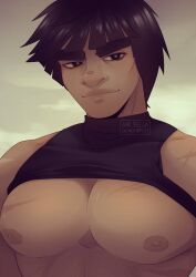 Rule 34 | 1boy, artist request, bara, bare pectorals, black hair, black tank top, clothes lift, dark-skinned male, dark skin, highres, huge eyebrows, i started working out to be healthier now my tits won&#039;t let my shirt down (meme), large pectorals, male focus, meme, might guy, muscular, muscular male, naruto (series), naruto shippuuden, nipples, pectoral focus, pectorals, scar, scar on chest, shirt lift, short hair, smile, solo, tank top, textless version, thick lips