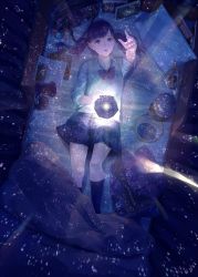 Rule 34 | 1girl, armillary sphere, bag charm, bed, bed sheet, blue eyes, blue skirt, celestial globe, charm (object), collared shirt, dark, foreshortening, from above, grey vest, hand up, highres, jacket, kneehighs, light particles, lying, on bed, original, parted lips, purple hair, school uniform, shirt, skirt, sleeves rolled up, socks, solo, sousou (sousouworks), twintails, unworn jacket, vest, white shirt, wing collar