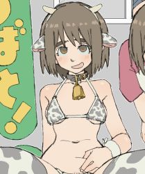 Rule 34 | 1girl, 1other, animal hair ornament, animal print, arm behind back, ayase fuuka, bikini, blush, breasts, brown eyes, brown hair, collar, cow print, cowbell, eyebrows hidden by hair, furrowed brow, grey background, jaggy lines, lowres, matching hair/eyes, navel, nose, open mouth, outline, pantsu-ripper, pubic hair, short hair, sideboob, sign, skindentation, small breasts, smile, spread legs, swimsuit, tareme, thighhighs, underboob, underwear, wristband, yotsubato!