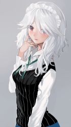 Rule 34 | 1girl, alternate costume, alternate hairstyle, commentary request, earrings, geppewi, hair down, highres, izayoi sakuya, jewelry, long hair, long sleeves, looking at viewer, maid headdress, parted lips, red eyes, ring, silver hair, simple background, solo, touhou, upper body, wedding band