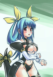 Rule 34 | blue hair, blush, bow, breasts, buckle, detached collar, dizzy (guilty gear), guilty gear, hair bow, navel, red eyes, simple background, takasaka donten, thigh strap, twintails, underboob